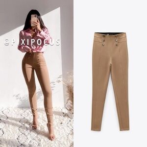 Zara Tan Skinny Pants with Button Detail